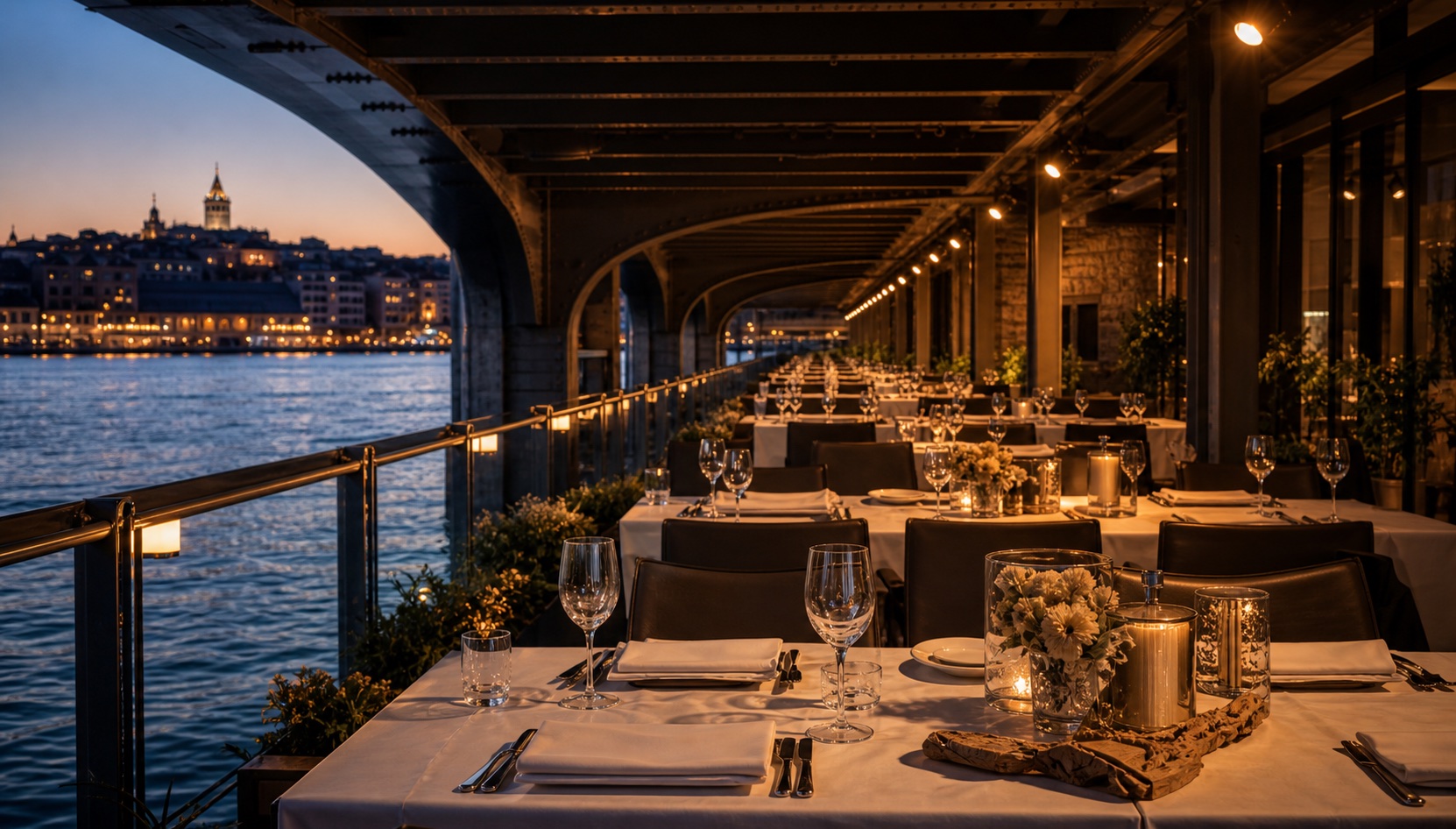 Galata Köprüsü altında zarif restoran masaları