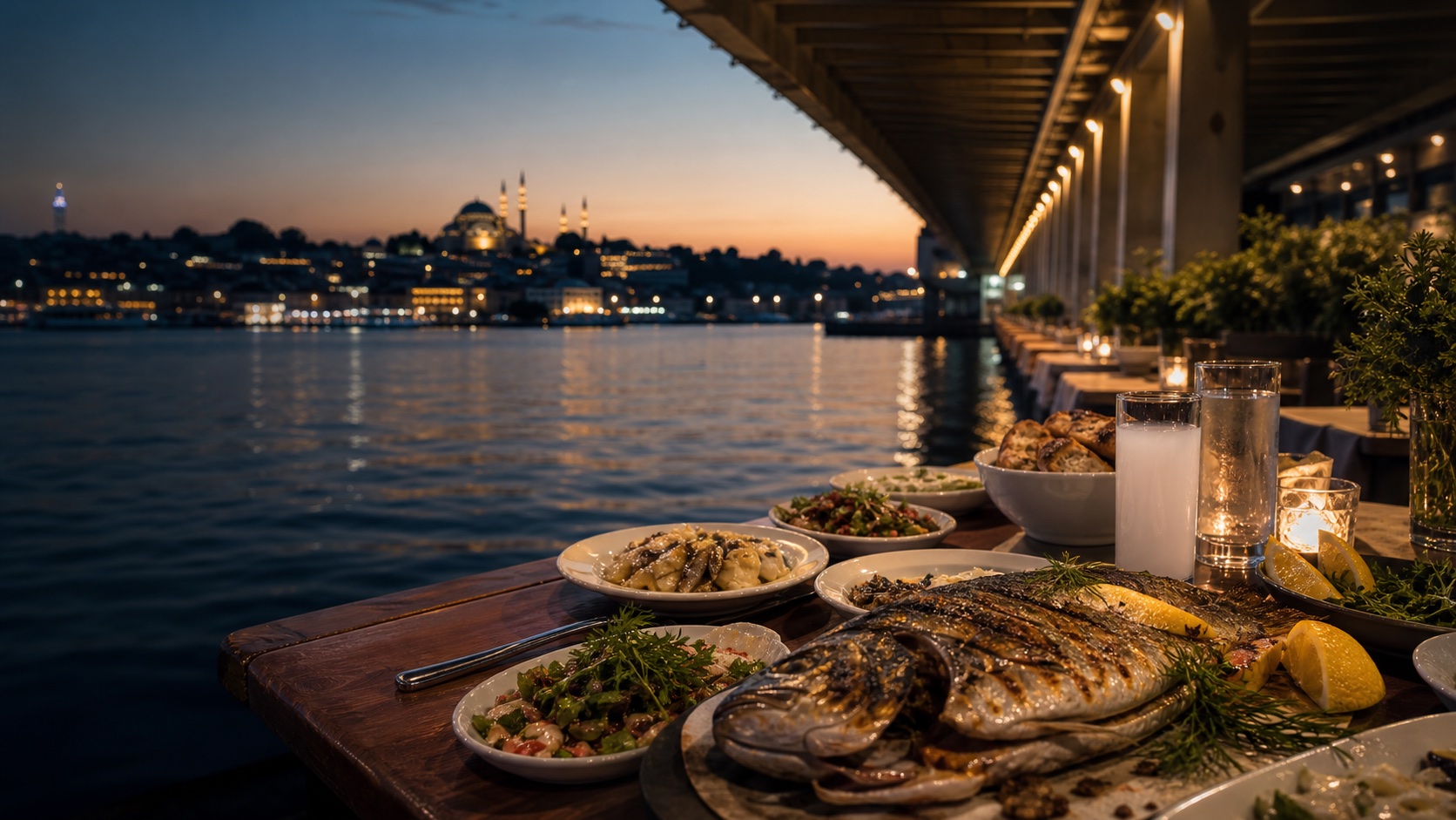 Galata Köprüsü altında deniz ürünleri sofrası