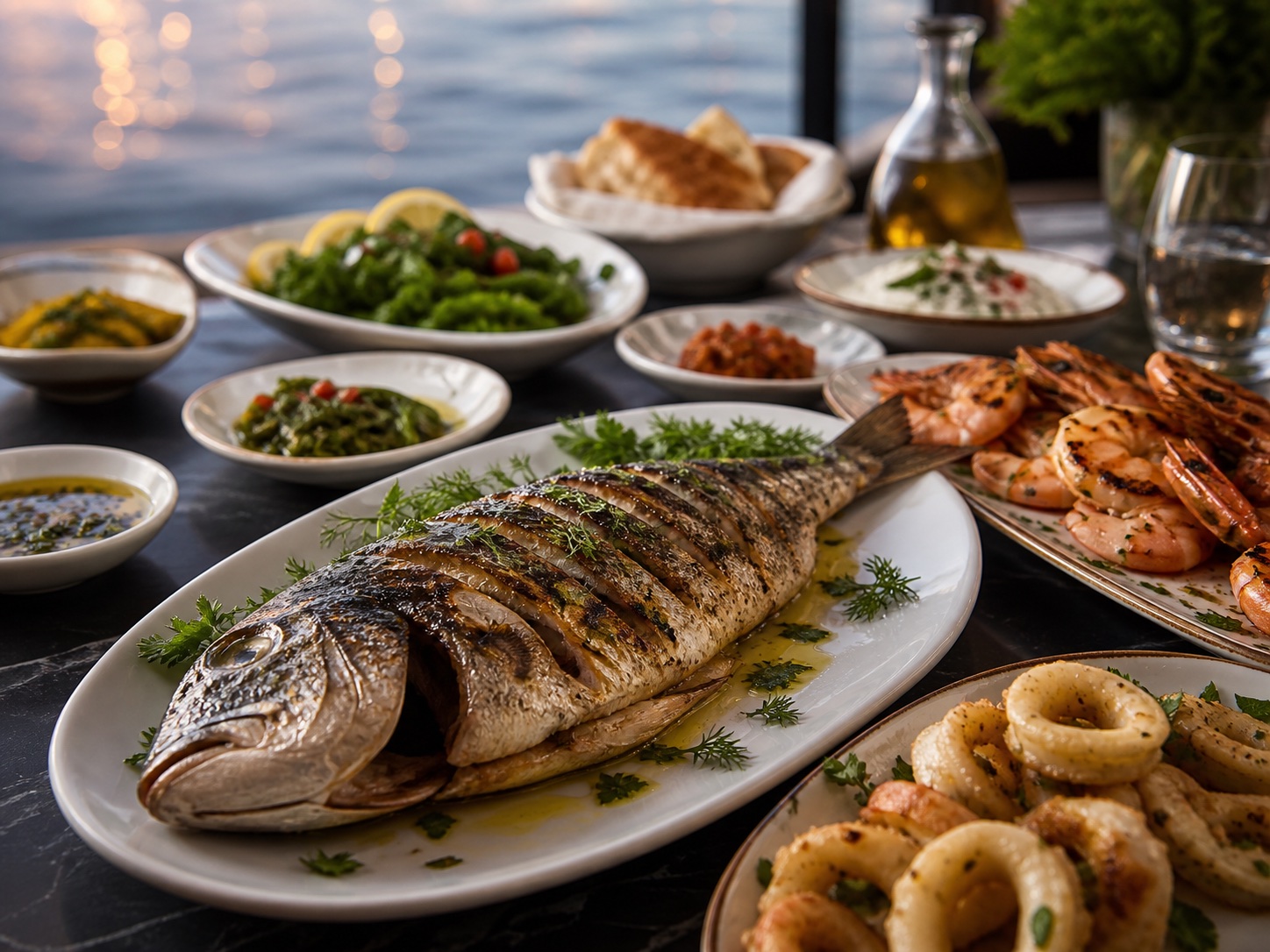 Izgara balık ve deniz ürünlerinden oluşan restoran menüsü